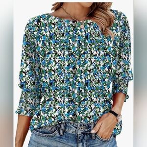 Floral Blue and White Women's Top